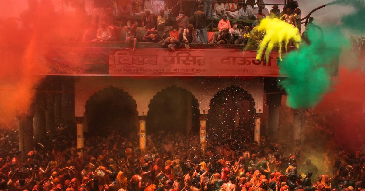 Holi celebration with vibrant colors, people throwing gulal, Holi Traditions across India