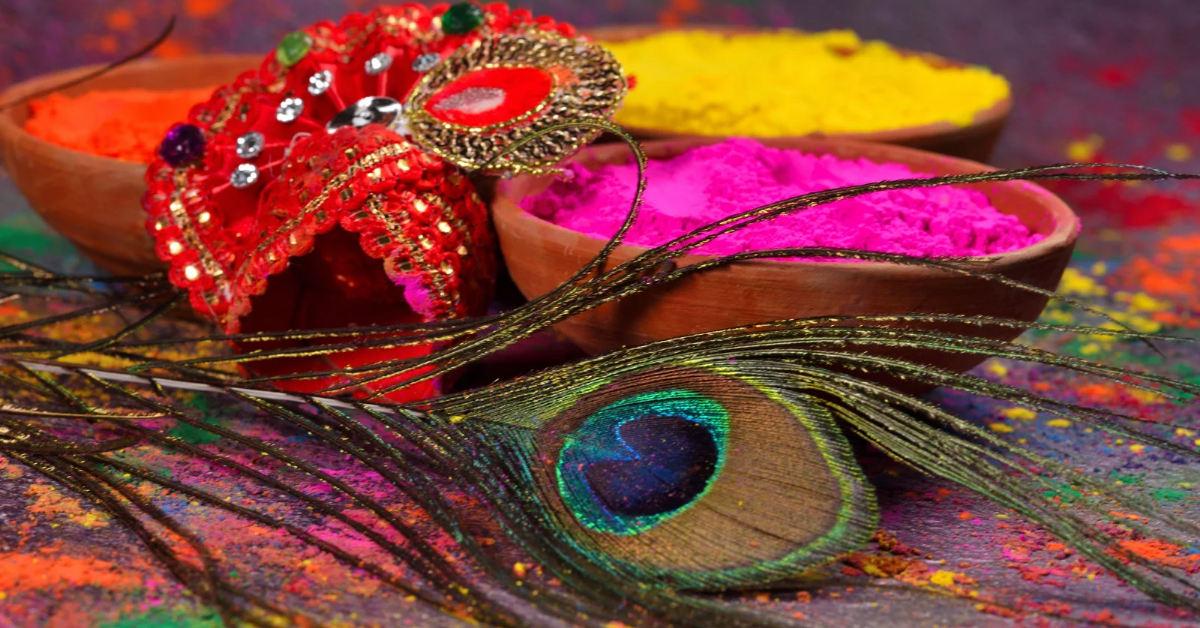 Temple Holi Traditions: A vibrant Holi celebration outside an ancient temple, with colorful powders filling the air and devotees celebrating the festival of colors amidst sacred architecture.