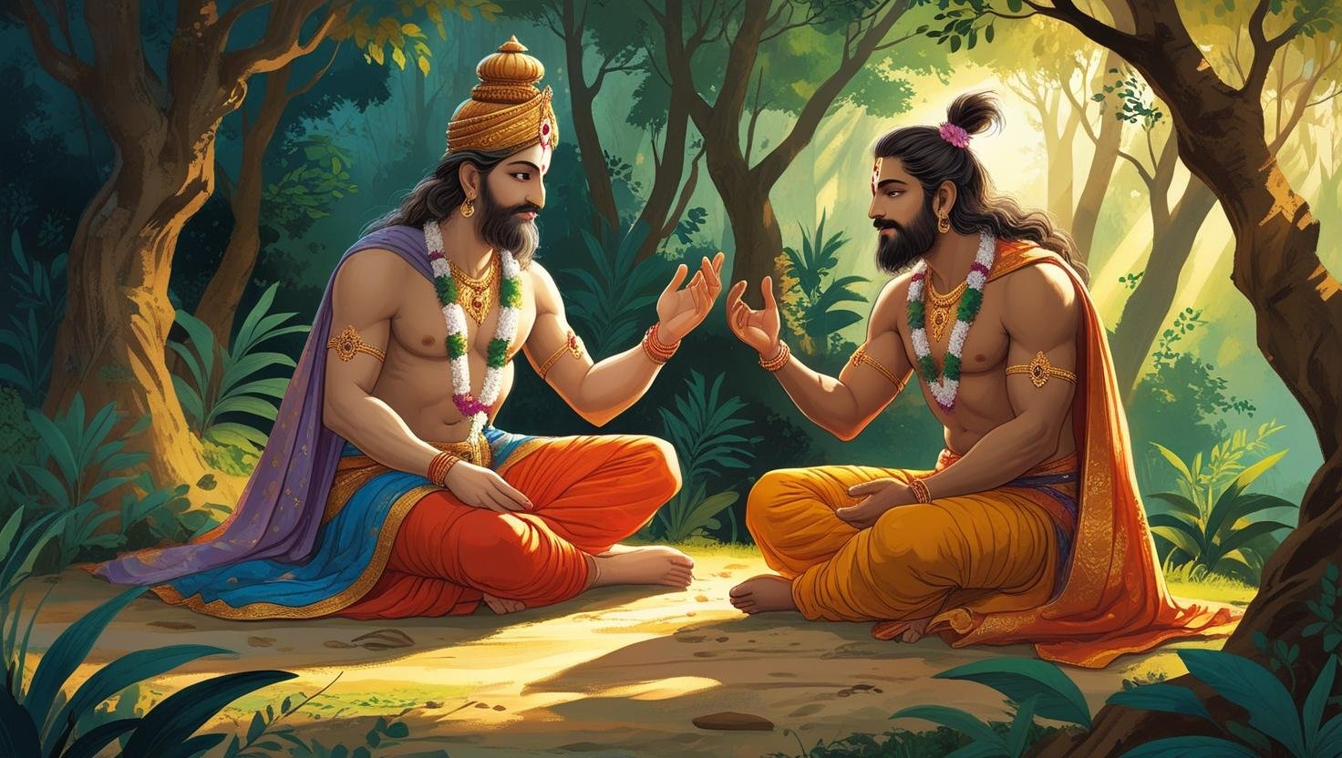 Illustration of Narad Muni meeting Ratnakar (Valmiki’s transformation story).Guru Purnima